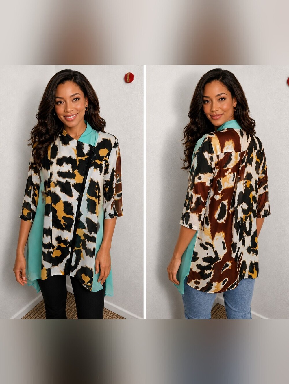 Feratelli Animal Print/Mint Green Asymmetrical Zip-Front Tunic Longer Sides Sz M